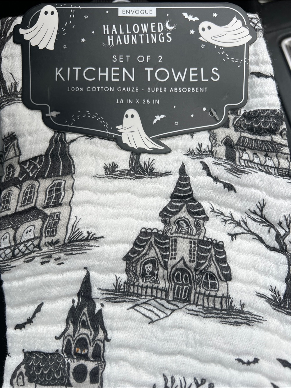 NWT Halloween Envogue cotton gauze hand dish towels haunted house ghost skeleton
